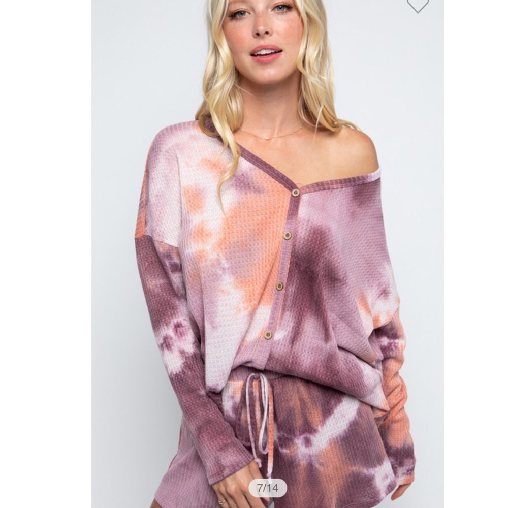 NEW Tie Dye Waffle Knit Long Sleeve Short Set Loungewear